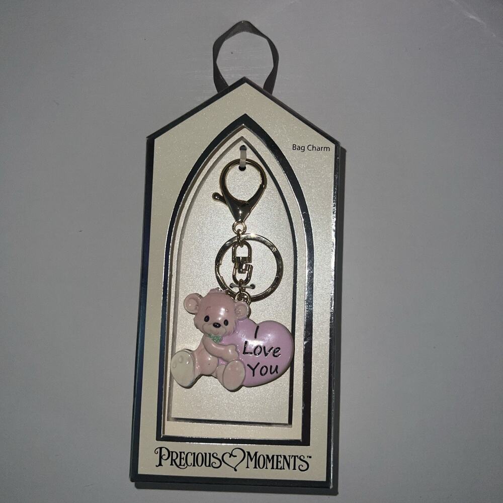 Precious Moments Bag Charm Keychain Gold Tone Pink Bear Heart Clip Keyring